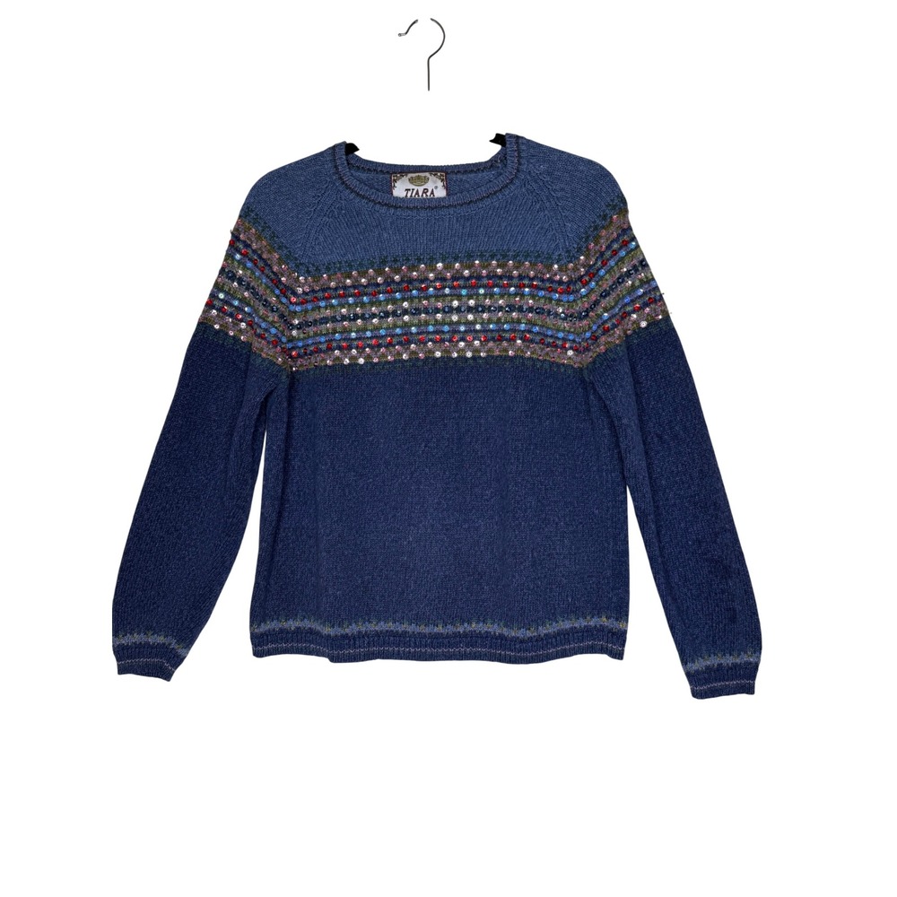 Vintage Tiara International Sweater Blue Cotton Fair Isle Sequined Size S